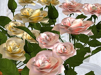 Dapples of light, pink, green leaves, roses, light, yellow HD wallpaper