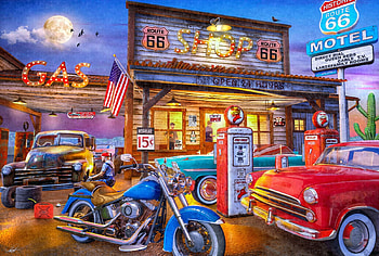 Old Southern Gas Station, artwork, digital, shop, lights, cars, motorcycle, evening HD wallpaper