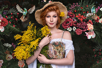 Beauty, yellow, flower, redhead, girl, hat, model, bouquet, anastasia zhilina, bird, red, aleksandr chuprina HD wallpaper