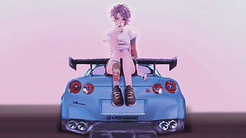 Anime Girl Sitting On Trunk Of Nissan Gtr, anime-girl, anime, artist, artwork, digital-art HD wallpaper