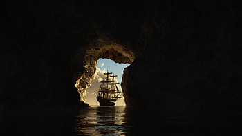 Art, Sea, Dark, Cave, Ship HD wallpaper