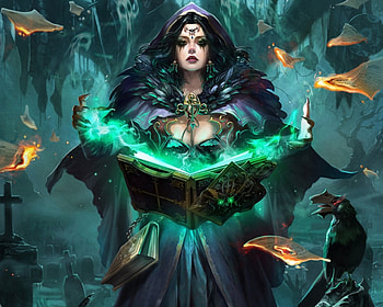 Grimoire Fanatic Chantelle 2, sorceress, magic, girl, beautiful, CG, beauty, dark, woman, painting, fantasy, green, female HD wallpaper