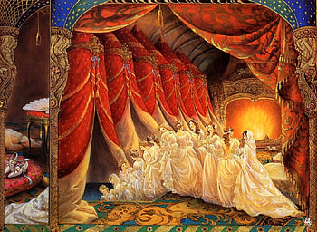 The twelve dancing princesses, tale, art, yellow, red, illystration, girl, fanasy, kinuko y craft HD wallpaper