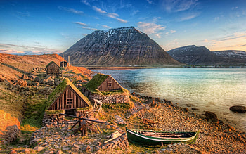 Nature, Houses, Mountains, Lake, Shore, Bank, Boat, Purity, Buildings, Small Houses, Built, Constructions, Facilities HD wallpaper