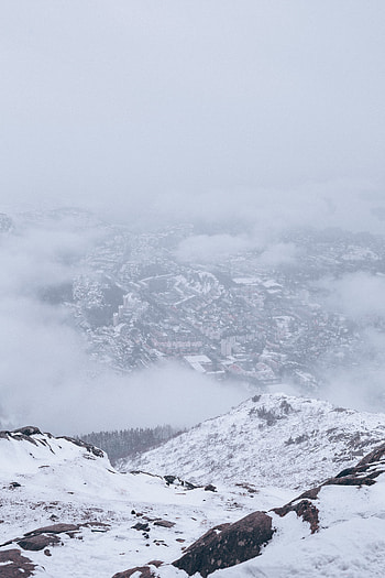 Nature, Mountains, Clouds, Snow, City, View From Above, Fog HD phone wallpaper