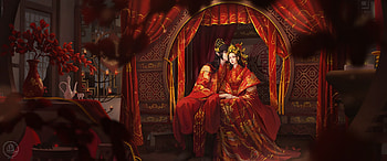 Wedding, xiaofan zhang, fantasy, red, man, couple, lovers, bride, girl HD wallpaper