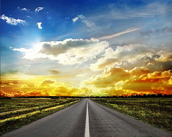 Into the Sun, landscape, clouds, colors, road, sky, sunset HD wallpaper