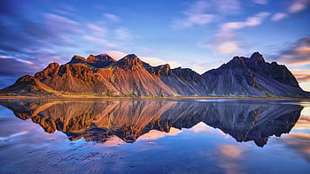 Vestrahorn, Iceland, sea, sky, water, reflections, clouds HD wallpaper