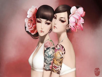 Twin Girls Tattoo, sexy, two girls, jx online, zhang xiaobai, flowers head, twins, hot, tattoo, chinese girls, lip, anime girl, pretty, original, cool, female HD wallpaper