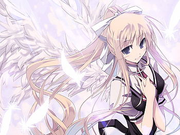 Kamio Misuzu, wings, white, feathers, blonde, ribbon, uniform, girl, angel, long hair, anime, bow HD wallpaper