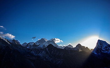 Landscape, early morning, blue sky, mountains HD wallpaper