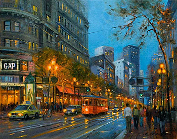 Po Pin Lin. Friday Night on Market, night, po pin lin, painting, art, car, street, building HD wallpaper