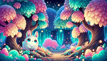 Enchanted Forest Cute Aesthetic, cute aesthetic, bunny, magical forest, fantasy, colorful trees HD wallpaper