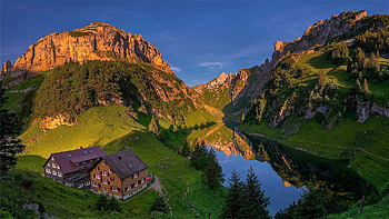 mountain landscape, sky, mountains, houses, lake HD wallpaper
