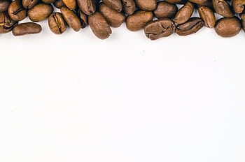 A detailed view of coffee beans on a white background, highlighting texture and freshness. HD wallpaper