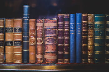 A collection of classic, leather-bound books neatly arranged on a wooden bookshelf. HD wallpaper