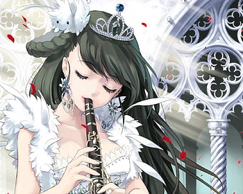 Clarinet, musician, dress, beauty, crown, music, instrument, maiden, female, blossom, white, girl, beautiful, petal, anime girl, tiara, anime HD wallpaper