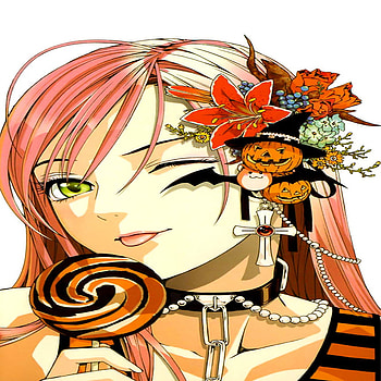 candy, flowers, haloween, pink hair, green eye HD wallpaper
