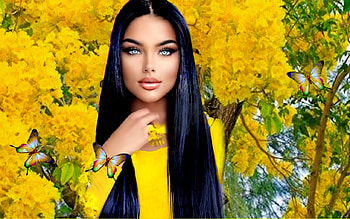 Sunshine Yellow, butterflies, black, yellow, green, blossoms, trees, girl HD wallpaper