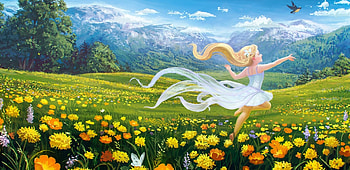 Happy and , blue, white, girl, spring, orange, dress, summer, anime, fantasy, field, flower, green, yellow, sky HD wallpaper