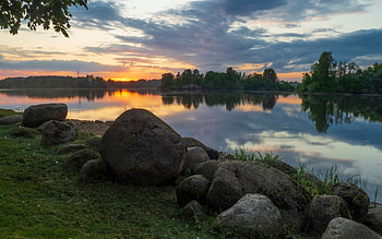 Sunset over River, river, twilight, rocks, sunset HD wallpaper