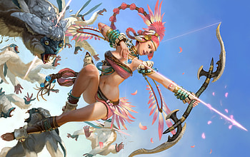Archer, blue, pink, junseok kwon, fantasy, girl, luminos, arrow HD wallpaper