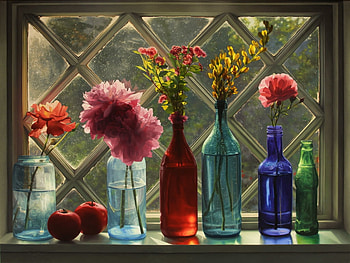 Window in June, bottles, apples, flowers, window HD wallpaper