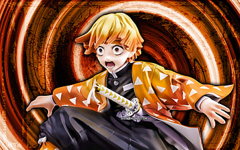 Zenitsu Agatsuma, orange grunge background, Demon Slayer, protagonist, Kimetsu No Yaiba, vortex, Agatsuma Zenitsu, manga, Zenitsu Agatsuma Demon Slayer HD wallpaper