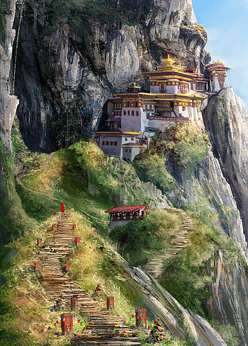 Paro Valley, Himalayan Temple, Misho Tenev HD phone wallpaper
