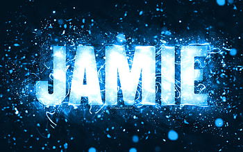Happy Birtay Jamie, , blue neon lights, Jamie name, creative, Jamie Happy Birtay, Jamie Birtay, popular american male names, with Jamie name, Jamie HD wallpaper