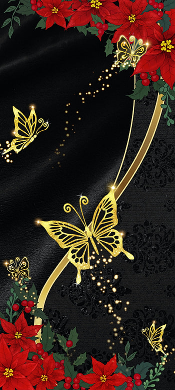 Butterfly and Flowers, gold, beautiful, plant, dark, luxury HD phone wallpaper