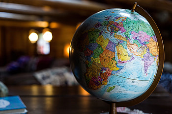 Desk globe, Table blue, Brown desk HD wallpaper