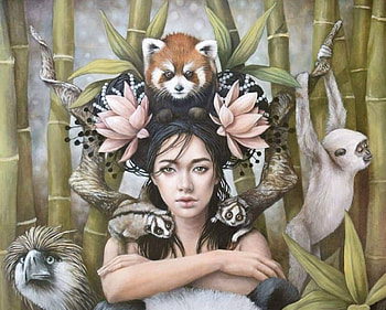 :), girl, magnolia, panda, monkey, bird, sophie wilkins, pink, red panda, fantasy, painting, pictura HD wallpaper