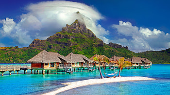 Water Cabins, Beach, Resort, Sky, Hill, Clouds HD wallpaper
