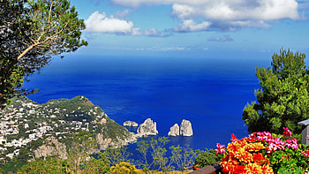Village in the Province of Naples, Italy, Sea, clouds, mediterranean, trees, sky, flowers, rocks, houses HD wallpaper