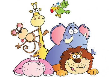 Wild life, monkey, cartoon, giraffe, lion, animals, hippo, elephant, parrot HD wallpaper