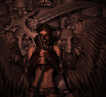 Reaper, wings, sickle, glowing eyes, female, death HD wallpaper