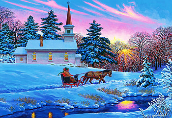 Guiding Light, sleigh, horse, painting, snow, trees, people, sun, church HD wallpaper