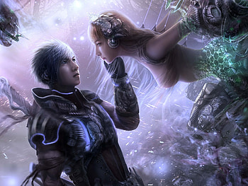 Mermaid's whisper, mermaid, man, knight, girl, woman, purple, fantasy, green, couple, luminos HD wallpaper