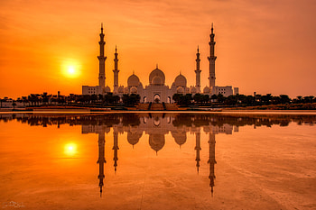 Mosques, Abu Dhabi, Religious, Sheikh Zayed Grand Mosque, Architecture, Reflection, Sunset, United Arab Emirates HD wallpaper