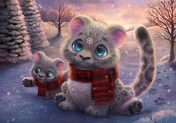 Snowy Leopards, leopard, pisici, snow, iarna, cute, piper thibodeau, cat, winter, art, fantasy HD wallpaper