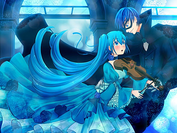 Love At First Sight , Short Hair, Blue Hair, Love, Cute, Smile, Boy, Blue Eyes, Azure Hair, Hatsune Miku, Violine, Vocaloid, Anime, Original, Blush, Girl, Couple, Long Hair, Kaito HD wallpaper