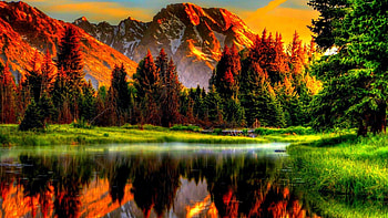 Scenic Sunset, reflection, trees, greenery, nature, mountains, lake, sunset HD wallpaper