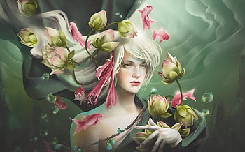 Memory of the water, frumusete, girl, aramisdream, summer, pink, fantasy, flower, green, pesti, fish, luminos, water, lotus HD wallpaper