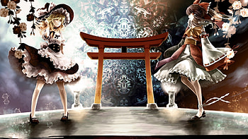Hakurei Reimu & Kirisame Marisa, fireworks, anime, hakurei reimu, touhou, girls, kirisame marisa HD wallpaper