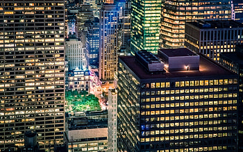 skyscrapers of new york city at night, night, skyscrapers, city, windows, lights, park HD wallpaper