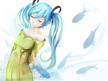 Hatsune Miku, anime girl, anime, fish, blue hair, vocaloid, long hair, dress HD wallpaper