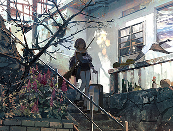 Stair, walk, anime girl, original, art HD wallpaper