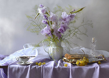 Still life, Flowers, Vase, Grapes, Candlestick, Note HD wallpaper