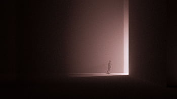 A silhouette walks through a bright doorway, creating a surreal and mysterious atmosphere. HD wallpaper